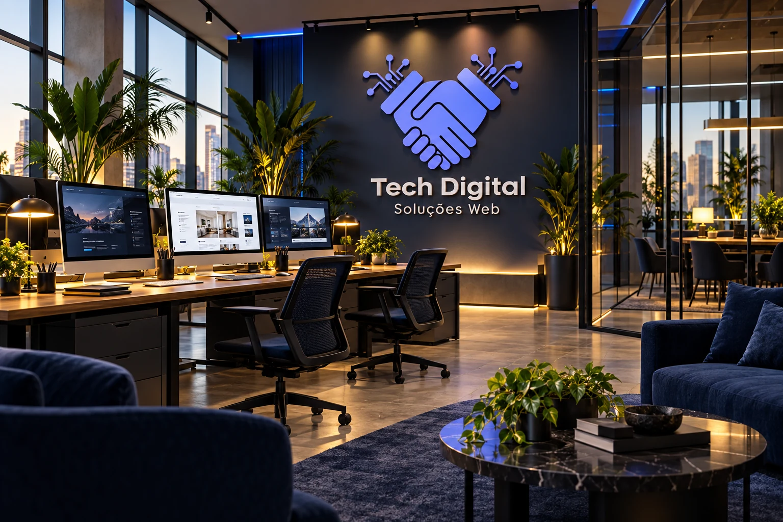 Ambiente de escritório ilustrativo com a marca Tech Digital